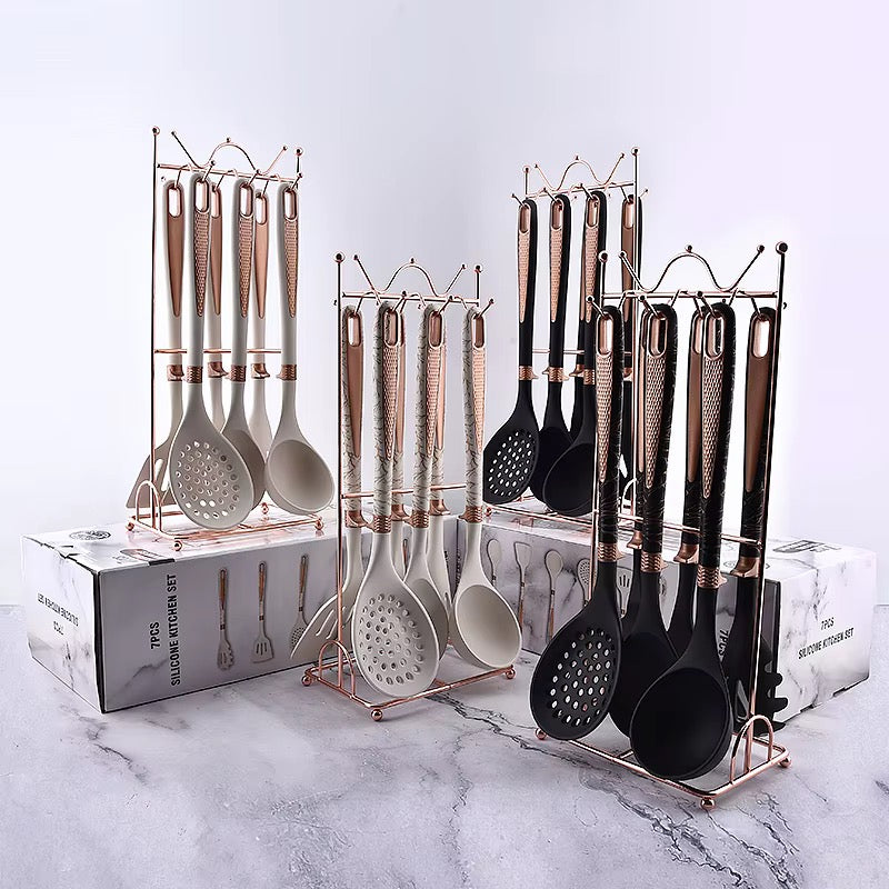 ✨ Set d'Ustensiles de Cuisine en Silicone 7 Pièces avec Support Or Rose - Luxe & Élégance 👨‍🍳