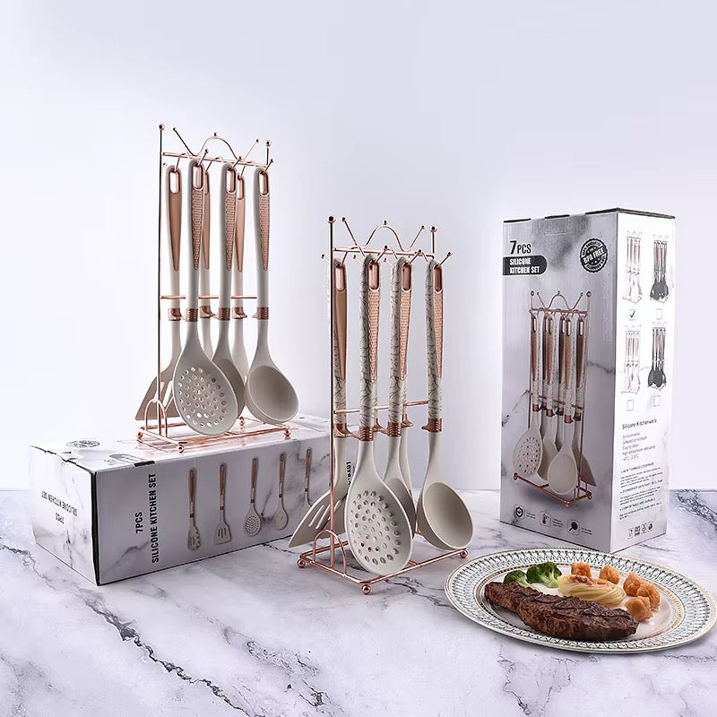 ✨ Set d'Ustensiles de Cuisine en Silicone 7 Pièces avec Support Or Rose - Luxe & Élégance 👨‍🍳