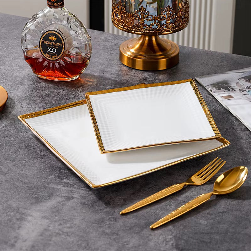 Service d'Assiettes Carrées de Luxe - Céramique Blanche & Bordure Dorée (2 pièces)