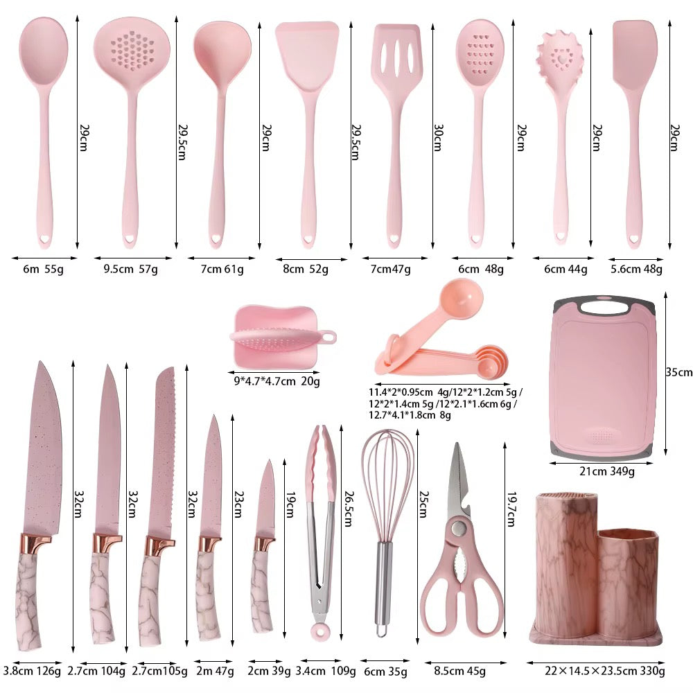 Set ustensiles de cuisine en silicone effet marbre 25 pièces