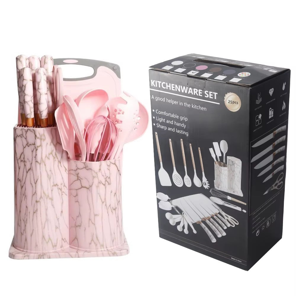 Set ustensiles de cuisine en silicone effet marbre 25 pièces
