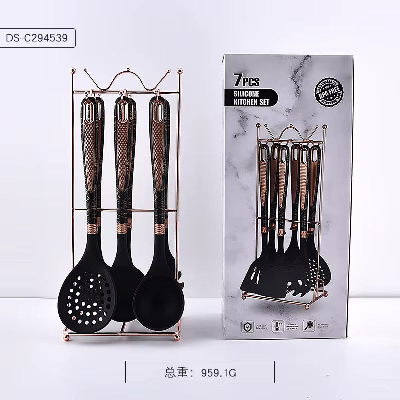 ✨ Set d'Ustensiles de Cuisine en Silicone 7 Pièces avec Support Or Rose - Luxe & Élégance 👨‍🍳