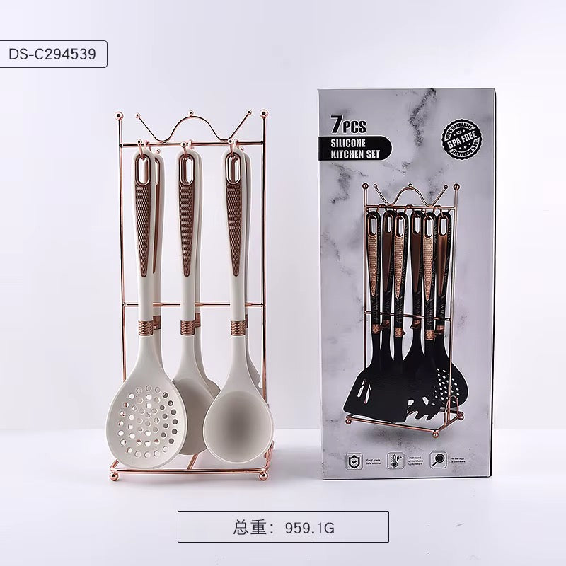 ✨ Set d'Ustensiles de Cuisine en Silicone 7 Pièces avec Support Or Rose - Luxe & Élégance 👨‍🍳