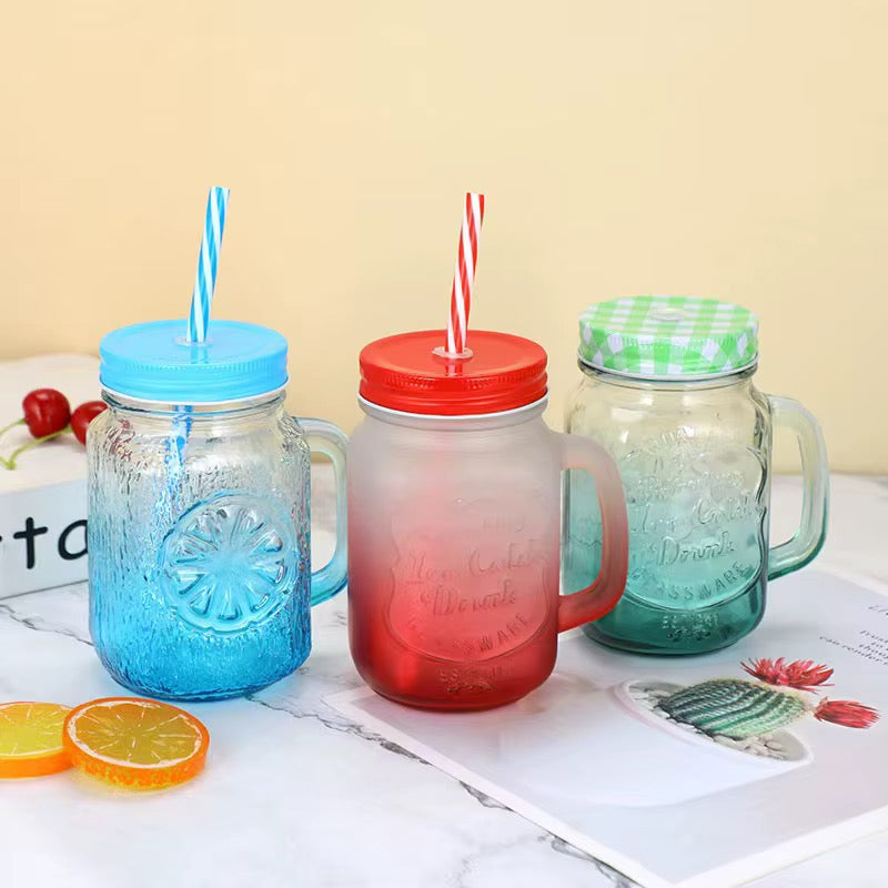 🍹 Chopes en Verre Style Mason Jar avec Couvercles et Pailles Assorties 🍓