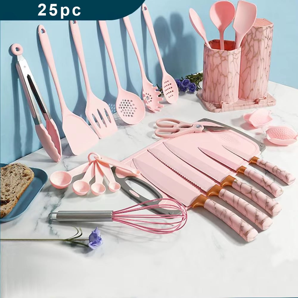 Set ustensiles de cuisine en silicone effet marbre 25 pièces