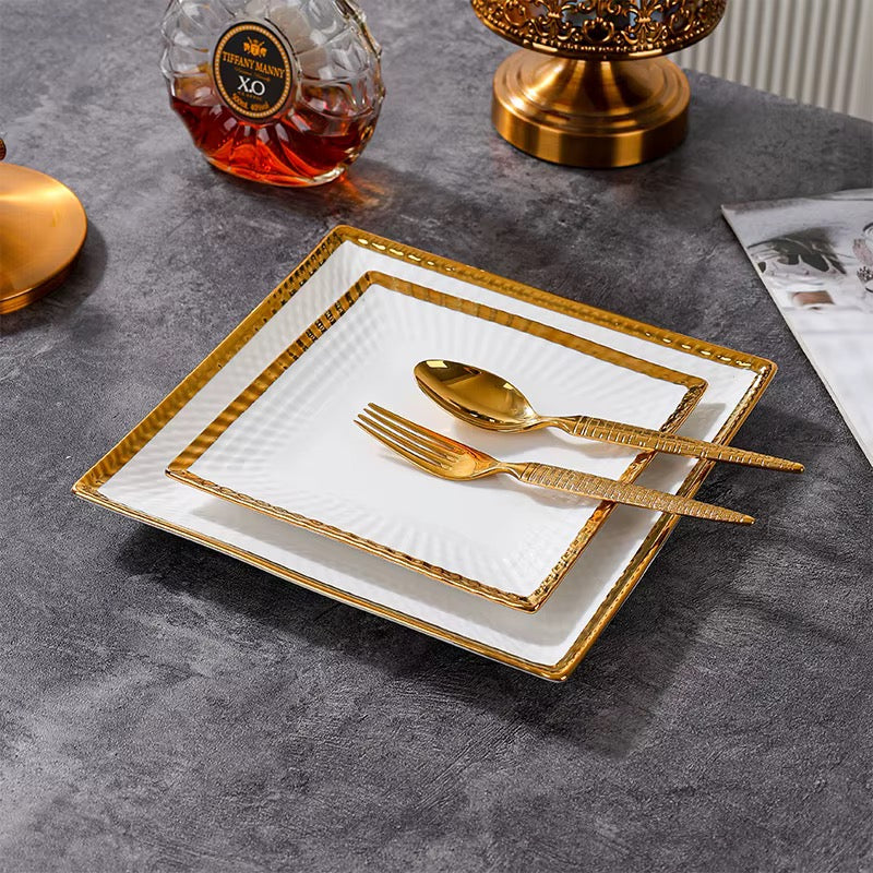 Service d'Assiettes Carrées de Luxe - Céramique Blanche & Bordure Dorée (2 pièces)
