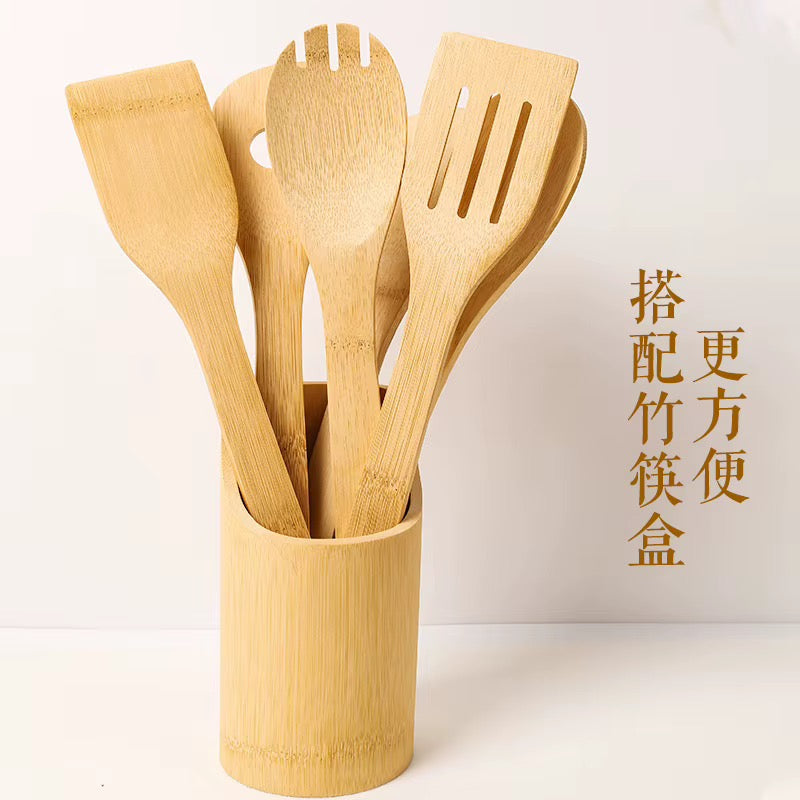 🪵 Service d'Ustensiles de Cuisine en Bambou Naturel avec Pot de Rangement 🌿