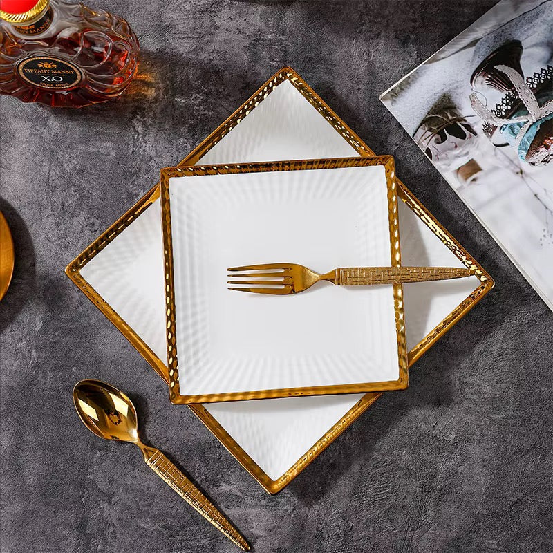 Service d'Assiettes Carrées de Luxe - Céramique Blanche & Bordure Dorée (2 pièces)