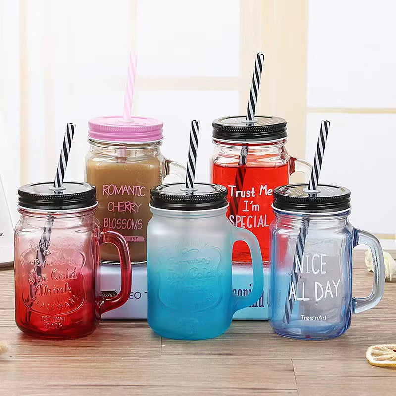 🍹 Chopes en Verre Style Mason Jar avec Couvercles et Pailles Assorties 🍓